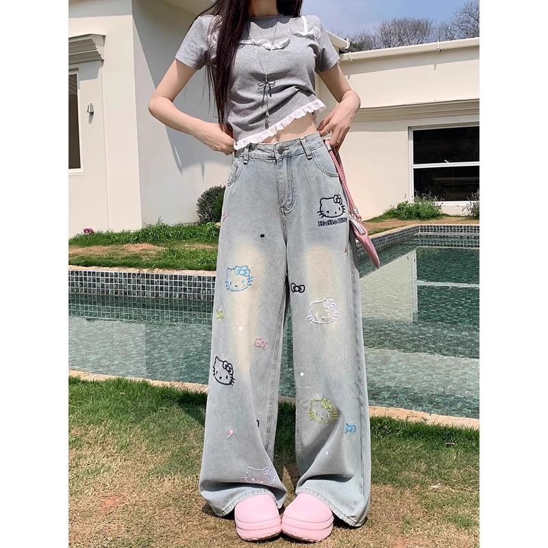趣味小众卡通KT猫彩色刺绣牛仔裤女2025夏季新款设计感直筒阔腿裤|undefined