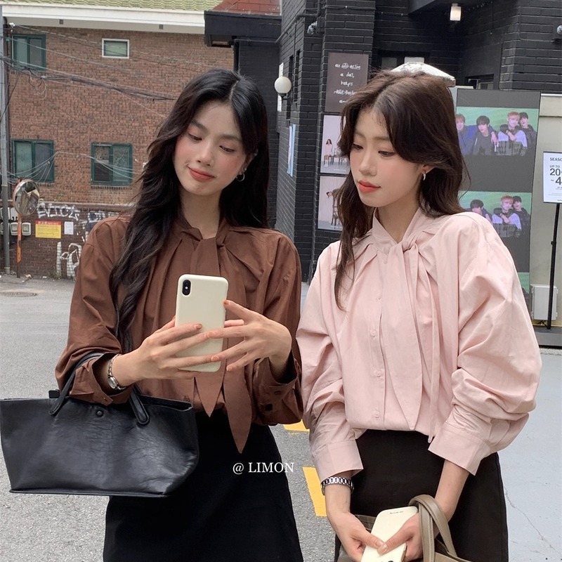 柠檬绿茶领结衬衫女2025秋季新款气质立领长袖衬衣设计感小众上衣|undefined
