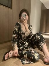 韩国冰丝花朵睡衣女春夏欲风蕾丝v领丝质垂感可外穿家居服套装