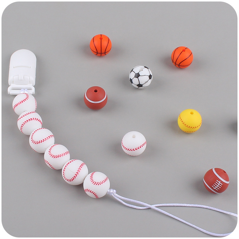 15mm de dibujos animados de fútbol de impresión de calidad alimentaria cuentas de silicona joyería de bricolaje chupete cadena mordedor pulsera collar accesorios pequeños