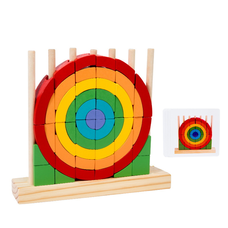 Niños pequeños de madera triángulo redondo anillo arcoíris bloques divertidos conjuntos de puzzles superpuestos juguetes de educación temprana