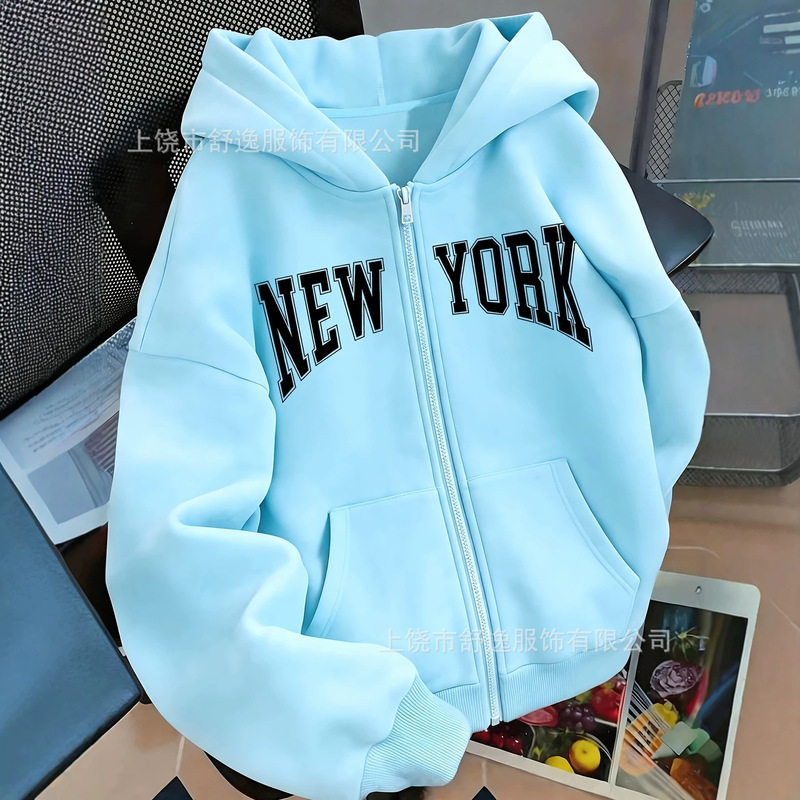 European and American cross-border women's zip-up hoodie with artistic New York pattern digital print - Y2K casual style with zipper and hood