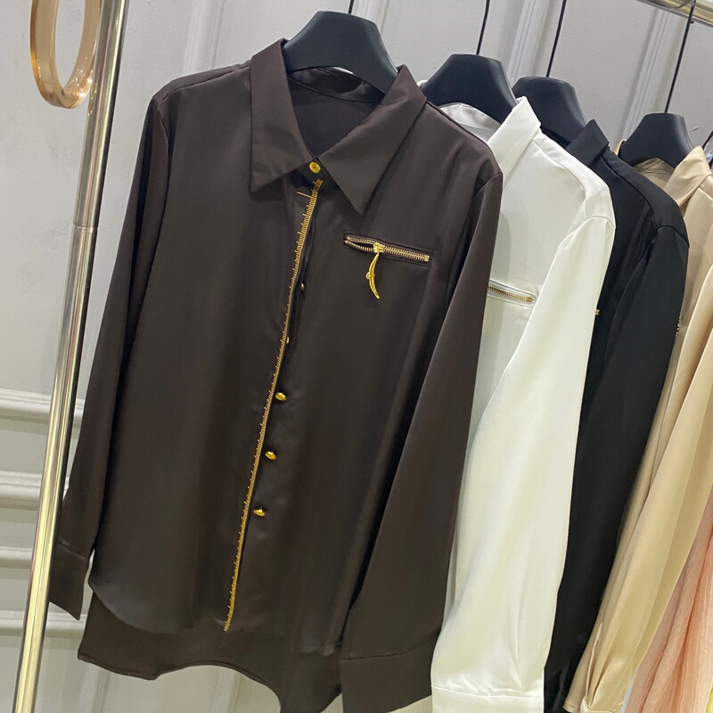 Minimalist style light luxury embroidered long-sleeve women's shirt, loose fit with metal key decoration, turn-down collar, casual top