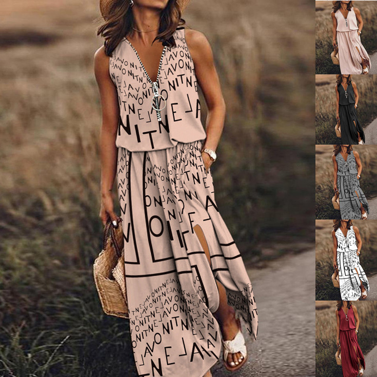 Europe and the United States cross-border spring and summer new sleeveless dress casual women's waist zipper letter printing dress Europe and the United States cross-border spring and summer new sleeveless dress casual women's waist zipper letter printing dress
