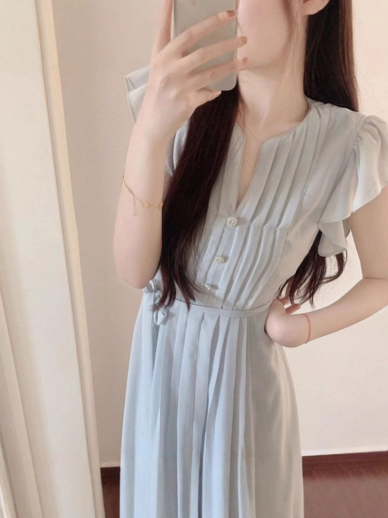 Đầm suông nữ tay bồng nhỏ ôm dáng mùa hè — màu xanh nhạt