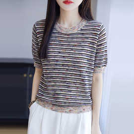 【厂家直供】莱赛尔天丝短袖薄款真丝针织衫女夏季圆领宽松Tt恤潮