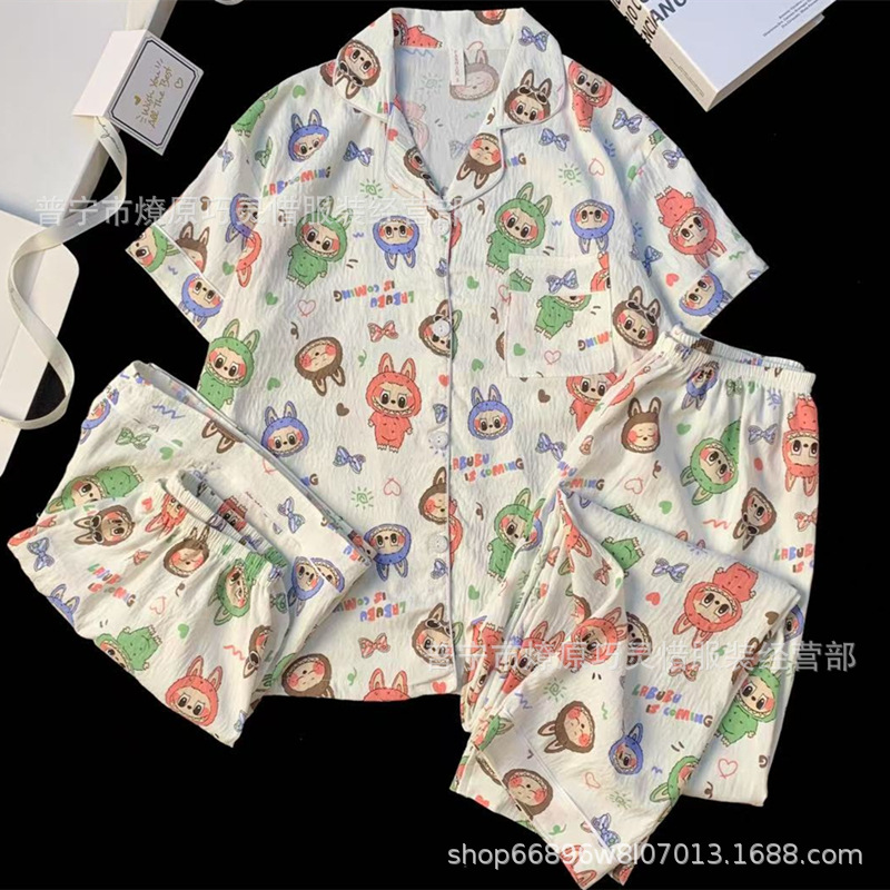 Hermosos pijamas de tela de rabu mujeres primavera y otoño verano nubes de algodón dulce mangas cortas pantalones cortos de tres piezas ropa para el hogar