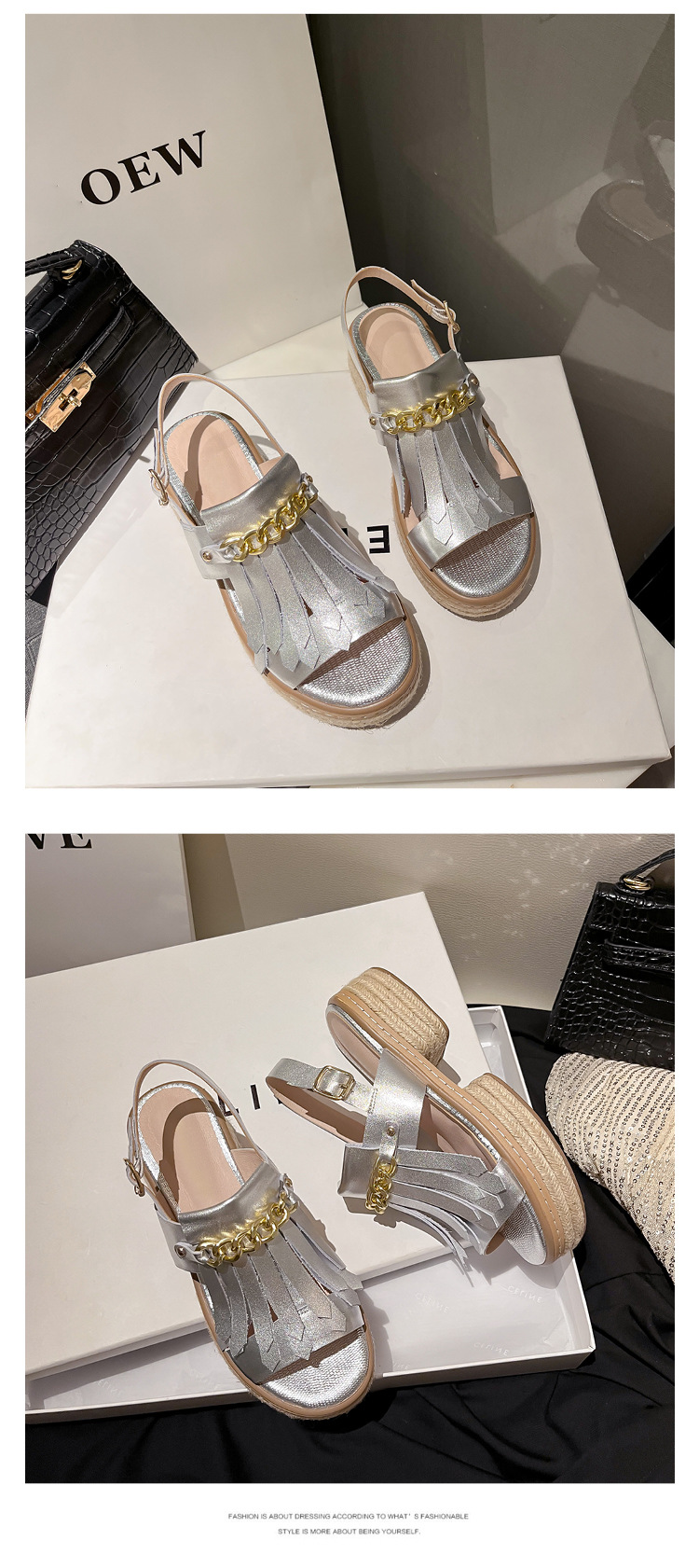 Sandal nữ đế thấp mũi hở quai tua rua đế cói phối dây xích kim loại — màu trắng, bạc chi tiết 20