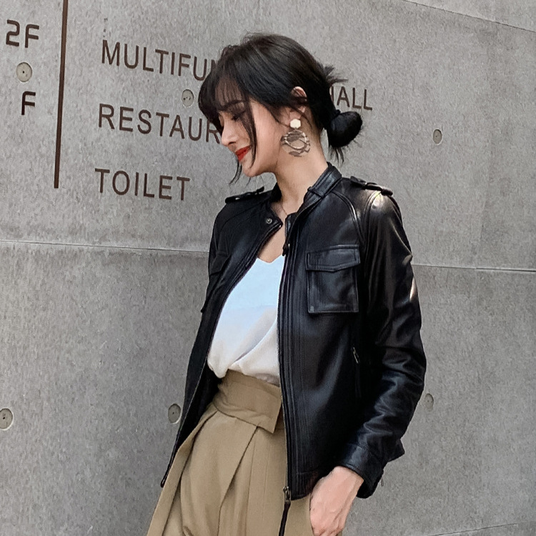 Sheepskin Genuine Leather Jacket for Women 2025 Autumn New Slim Fit Stand Collar Short Biker Leather Jacket Coat