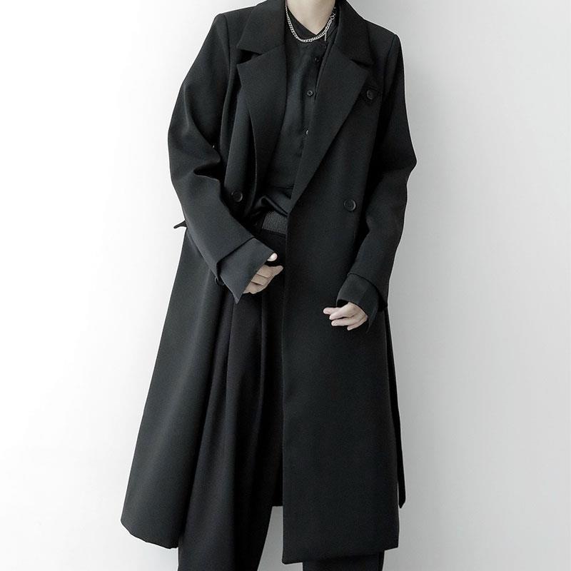 黑色双排扣长款西装外套女中长款2025秋冬新款韩版宽松风衣外套|undefined