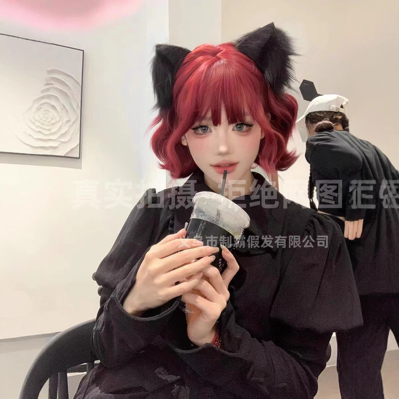 Wig wholesale women's full head cover Lolita short curly hair raspberry red short hair wig women's lazy curly fashion full head cover