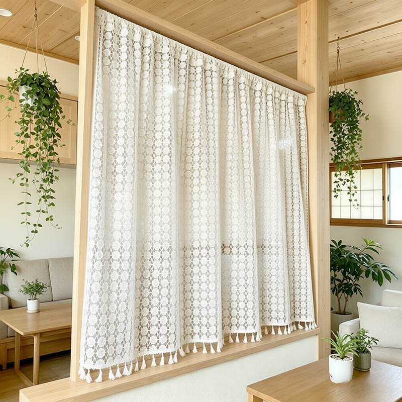 Cross-Border Factory Sales of Bohemian Style Natural Wood Color Curtains, Door Curtains, White Hollow-Out Simple Bedroom and Living Room Sheer Curtains, Bay Window Curtains