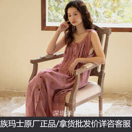 族玛士吊带睡裙女睡衣棉纱夏薄刺绣高级连衣裙家居服165/175