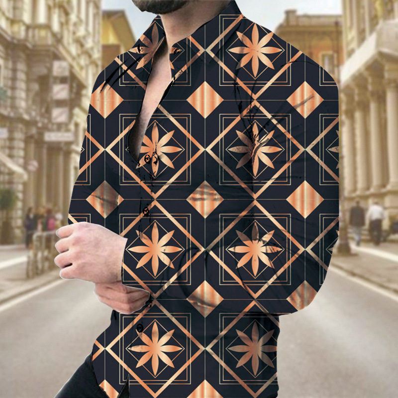 Spring And Autumn New European And American Men's Long Sleeve Shirt Casual Printed Shirt_viptrois.com