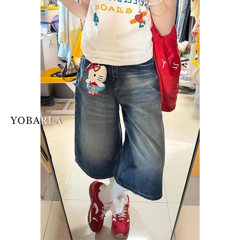 American-Style Wide-Leg Denim Cropped Pants for Women, Summer 2026 New Model, Loose Fit for Pear-Shaped Body, Slimming Straight-Leg Pants for Women