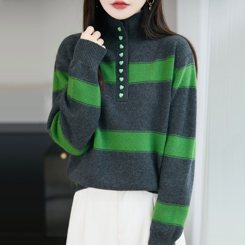 【Direct from Manufacturer】Color-Blocked Half-High Collar Knitted Short Women's Sweater, Autumn and Winter Fashion Striped Thickened Base Shirt 【Direct from Manufacturer】Color-Blocked Half-High Collar Knitted Short Women's Sweater, Autumn and Winter Fashion Striped Thickened Base Shirt