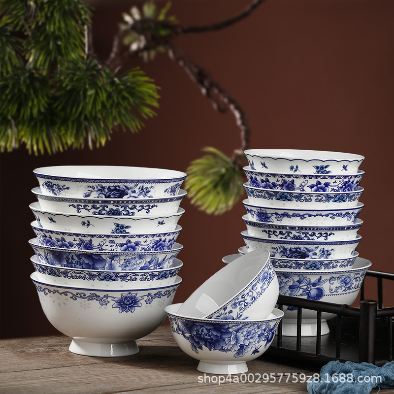 Jingdezhen Ceramic Tableware Household High-Temperature Bone China Glazed Bowl Chinese Birthday Custom-Made Tall Anti-Scalding Blue and White Noodle Bowl Jingdezhen Ceramic Tableware Household High-Temperature Bone China Glazed Bowl Chinese Birthday Custom-Made Tall Anti-Scalding Blue and White Noodle Bowl