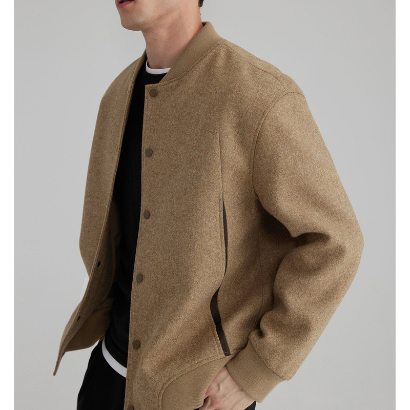 Spot Heavy Wool Contrasting Color Splicing Webbing Ribbed Baseball Collar Woolen Jacket for Men Spring & Fall