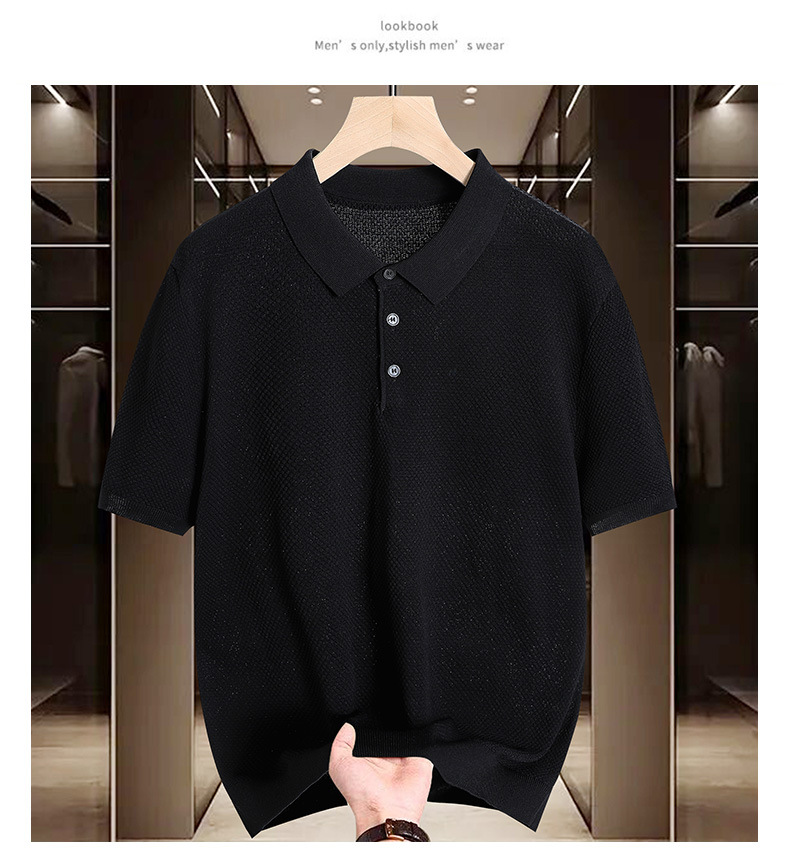 Men's Slim Fit Polo Shirt Light Luxury Fashion Knitted Short Sleeve Business Casual Solid Color Turn Down Collar Summer Top_viptrois.com