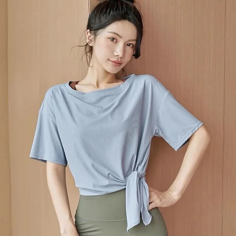Sports T-shirt Women's Blouse Hip Covering Loose Thin Quick-drying Split Short-sleeve Professional Training Fitness Yoga Top Summer