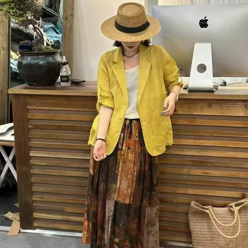 Linen Blazer for Women 2026 Summer Artistic Retro Loose Solid Color Casual Outerwear