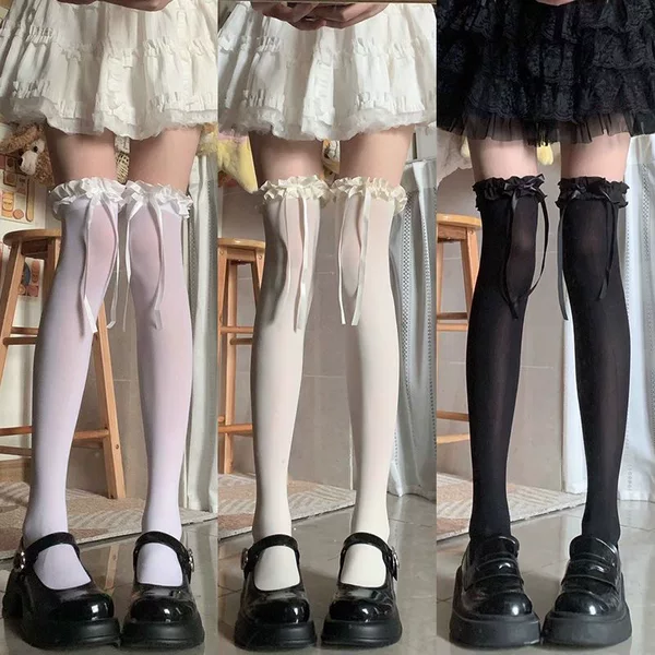 Lolita White Over-The-Knee Socks with Straps, Summer Thin Velvet High-Tube Thigh Socks with Pure Lace and Bow