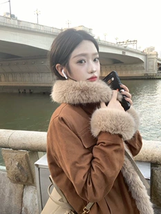 Brown quilted winter denim velvet jacket, increased thickness