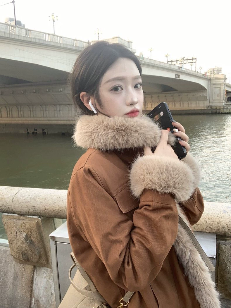 Brown quilted winter denim velvet jacket, increased thickness