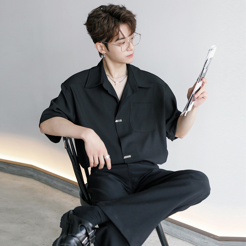 2024 Men's Summer High-end Light Mature Men's Casual Short-sleeved Black Shirt Seven-sleeved Top