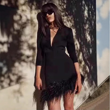 亚马逊速卖通外贸跨境黑色红色抹胸V领长袖羽毛绷带裙连衣裙礼服