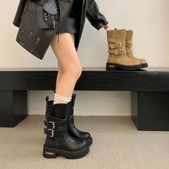 暗黑风皮带扣机车拳击靴女2025新款厚底复古中筒骑士靴女式时装靴