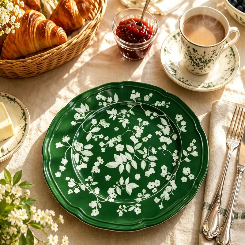 Light Luxury Deep Green Hand-Painted Floral Print Ceramic Dinnerware Set, Elegant Contrasting Color New Bone China Dinnerware Set