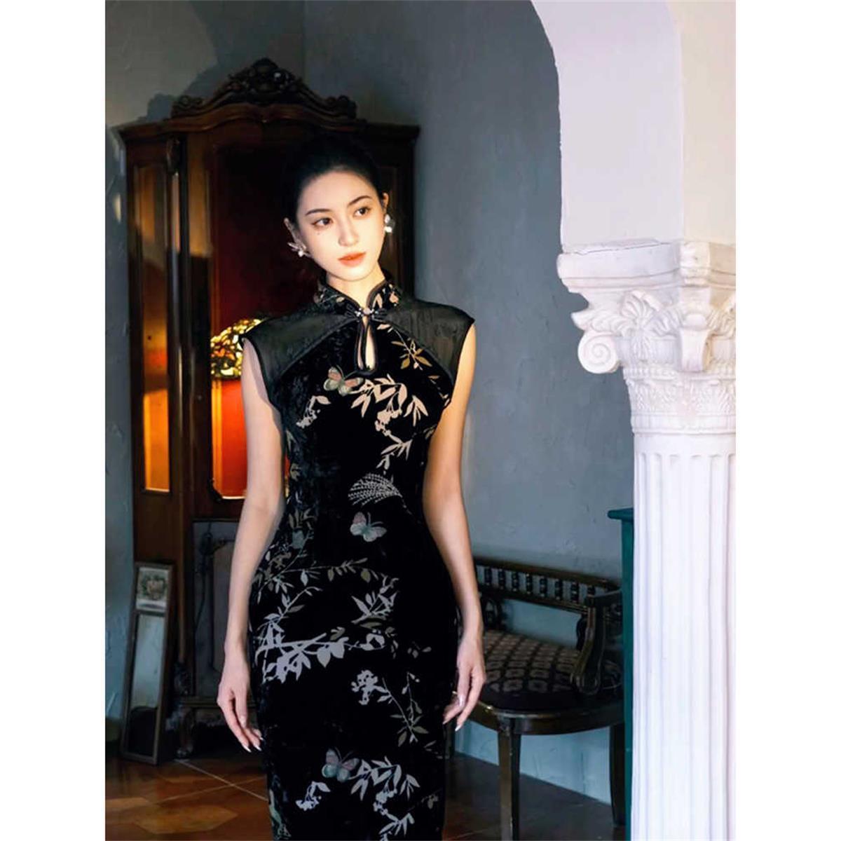 New Chinese Style Dress, High-End Ladylike Coolness, Improved Cheongsam Dress, Printed Slimming Long Skirt, Sexy Hip-Hugging Skirt