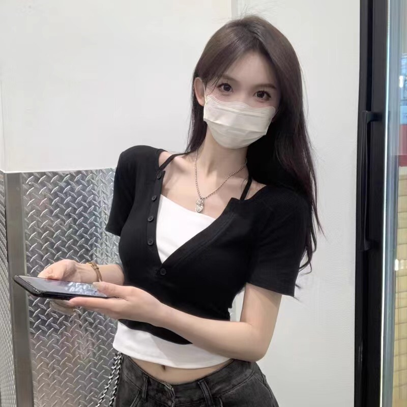 Hot Girl Hanging Neck Fake Two-piece T-shirt Women's Short-sleeved Summer Design Sense Niche Slim-fit Slimming High Waist Short Bm Top