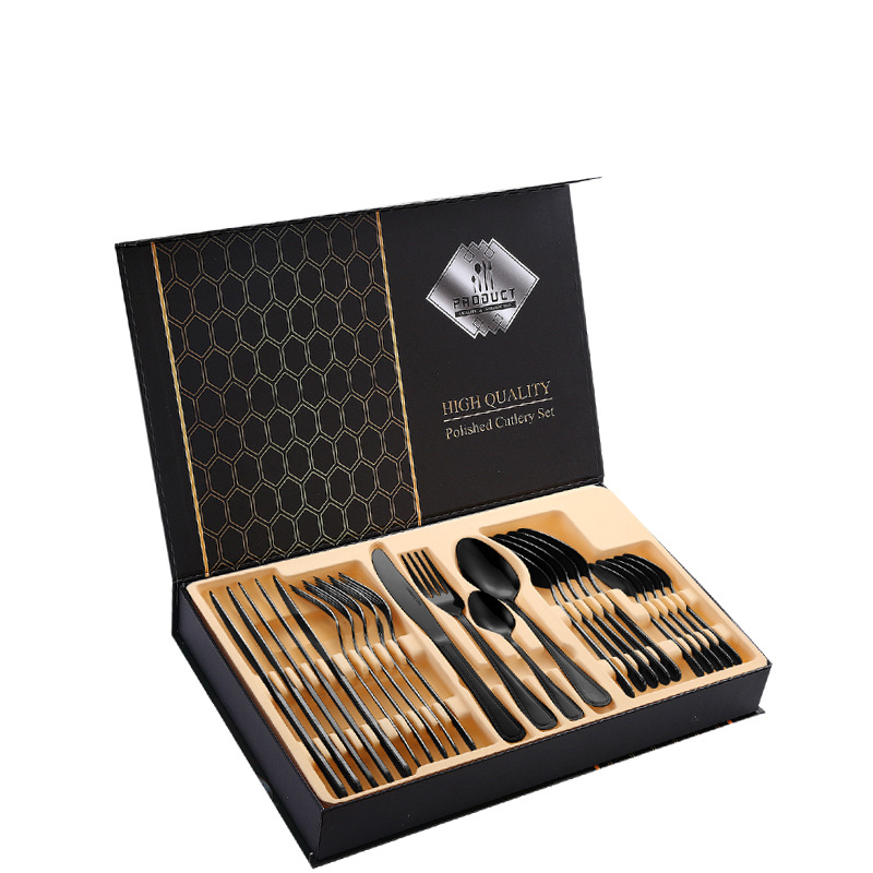 Cuchillo y tenedor de acero inoxidable cuchillo y cuchara de venta transfronteriza conjuntos de 24 piezas conjuntos de doble línea de suministros de hotel caja de regalo conjuntos de cubiertos