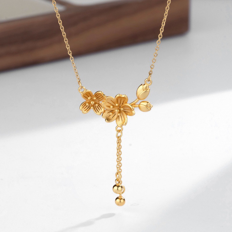 Twin Flower Tassel Necklace Female Niche Design Peach Blossom Bloom Fashion Simple All-match Integrated Chain Clavicle Chain Necklace Chain