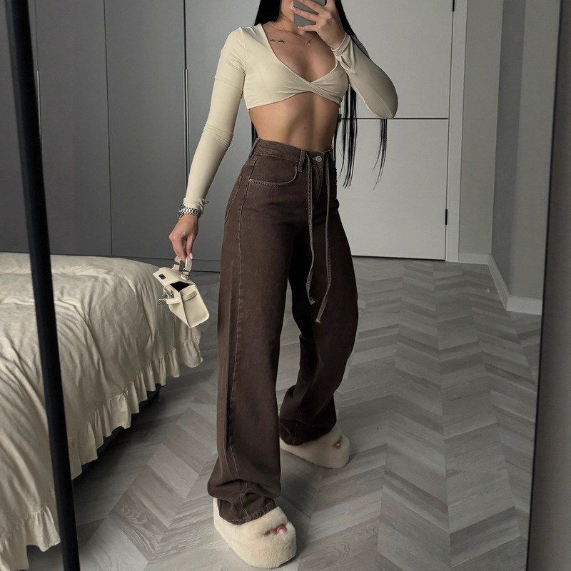 Brown Versatile Wide-Leg Jeans for Women, New Spring and Autumn High-Waisted Slimming Petite Loose Drape Straight-Leg Floor-Length Pants