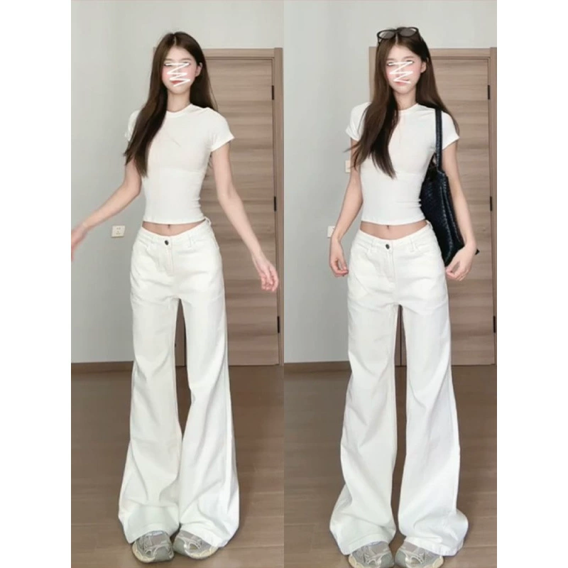 Американские белые джинсы с высокой талией для женщин, весна-лето 2025, новые универсальные утягивающие расклешенные брюки в пол, модные