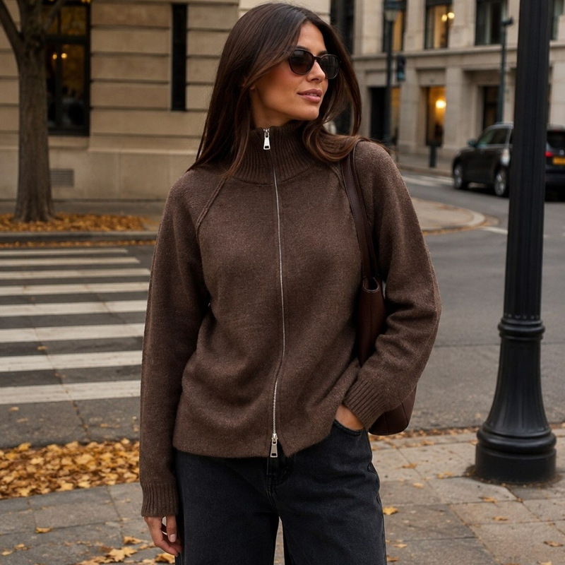 Russian cross-border European and American style solid color stand-up collar zippered knitted cardigan for women, autumn and winter warm thick sweater coat