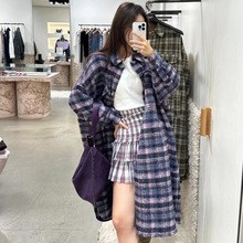 25秋冬新毛混纺毛呢格纹大衣女长款衬衫领毛大衣保暖加厚风衣