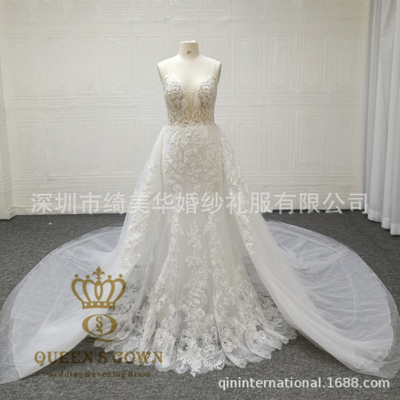 Heavy-duty Beaded Lace Two-piece Fishtail Bridal Wedding Dress Slimming Thin Shoulder Strap Deep V-Neck High-end Wedding Dress