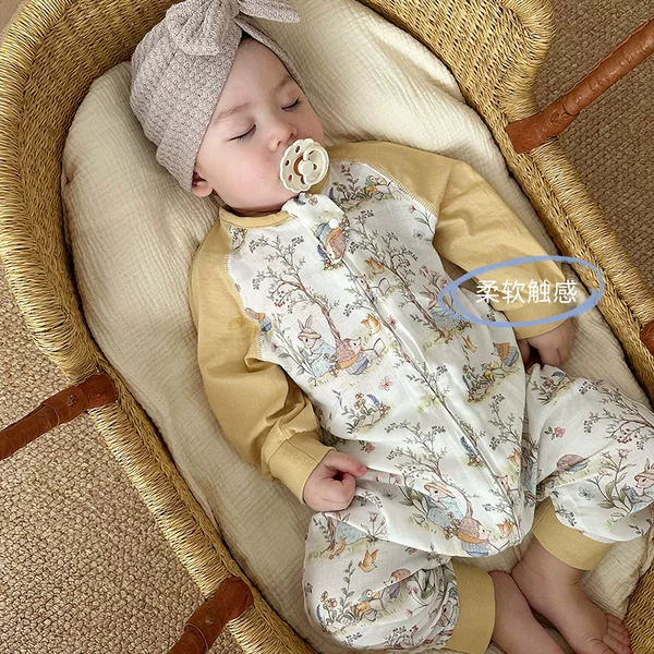 Spring and summer baby leg sleeping bag bamboo cotton double-layer breathable kick-proof newborn long sleeve stitching four seasons universal thin