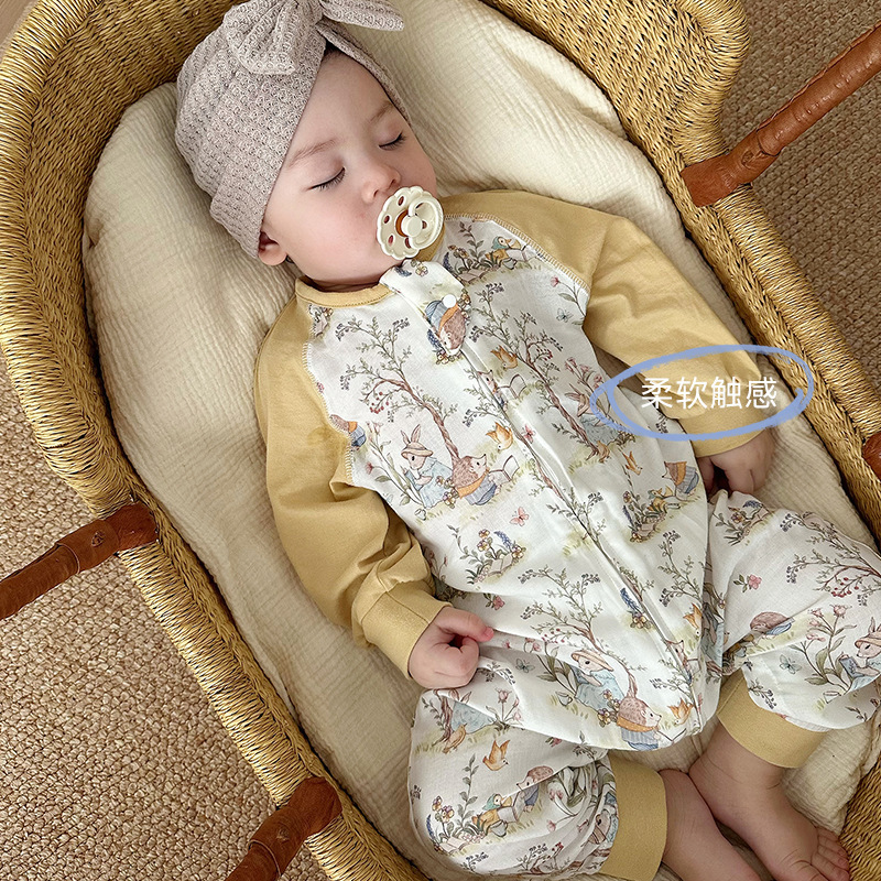 Spring and summer baby leg sleeping bag bamboo cotton double-layer breathable kick-proof newborn long sleeve stitching four seasons universal thin