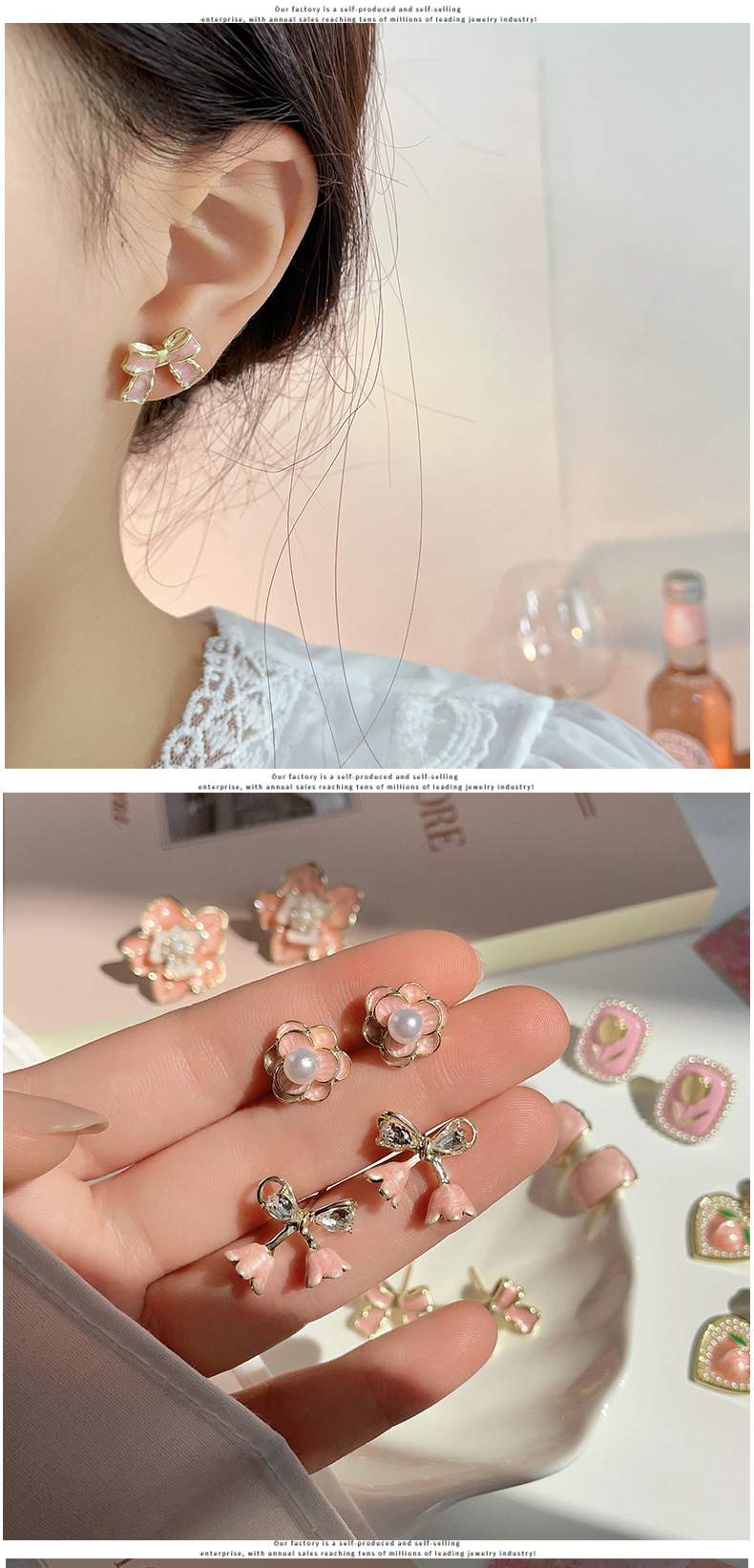 Ear Studs Classification 1 Pair Quantity 1 Pair Sweet Heart Shape Flower Bow Knot Enamel Inlay Alloy Pearl Ear Studs