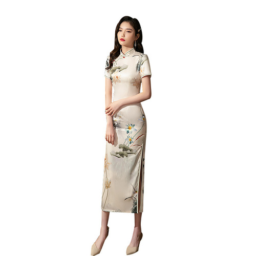 floral chinese silk satin chinese dress oriental qipao cheongsam for women girls model show miss etiquette host singer short-sleeved daily Chinese wind lotus girl improved qipao dress