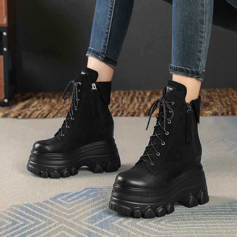 Boot nữ cổ thấp dây buộc phong cách Anh quốc cổ điển, gót cao 12 cm — Đen nhung