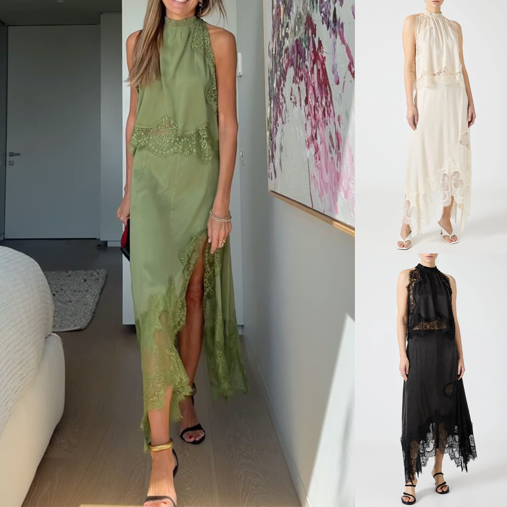 독립 방송국 아마존 유럽과 미국 여성 민소매 레이스 스플릿 투피스 크루 넥 조끼 속이 빈 스티칭 여성 3045