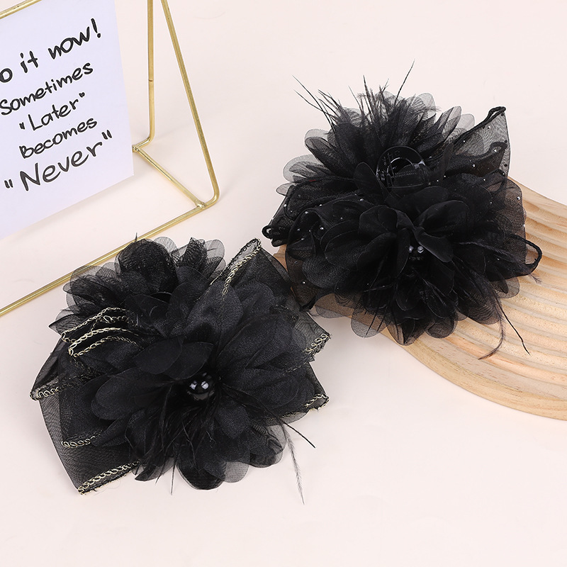 Black feather flower starry claw shark clip high-grade bow hair accessories hairpin back head claw clip_voghion.com