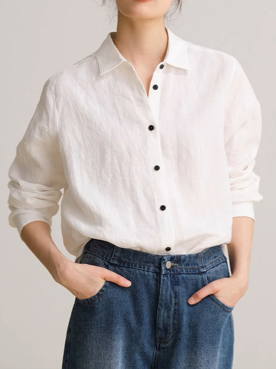 亚麻极简衬衫白色长袖薄衬衣上衣女夏文艺防晒衫|undefined