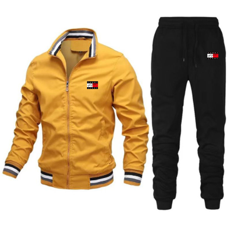 Conjunto de chaqueta informal para hombre 2024 con pantalones de patchwork, chaqueta con cuello alto estilo piloto, conjunto de alta calidad